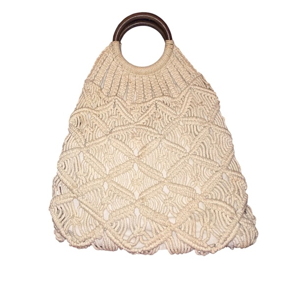 Handbags - Boho Macrame Straw Tote Bag Wooden Handles Cream Beach Purse